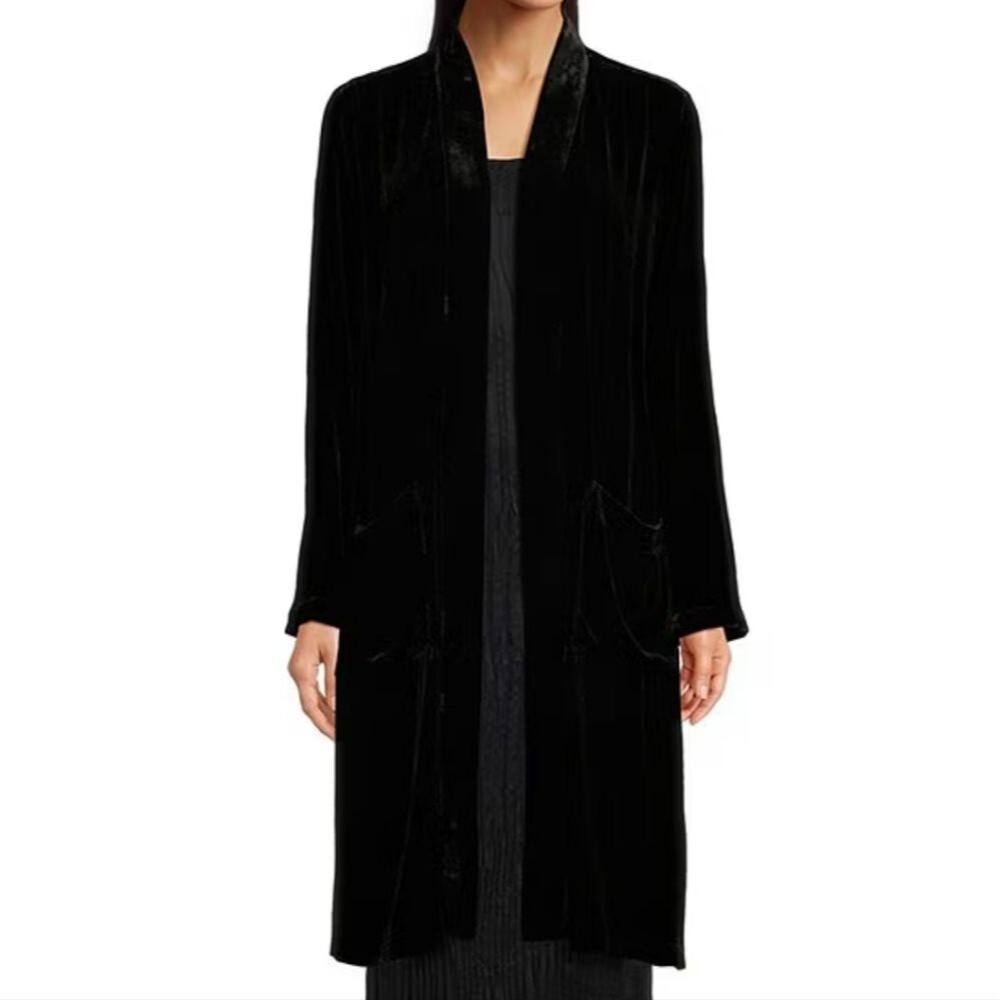 Eileen Fisher Velvet High Collar Long Sleeve Front Pockets Black Jacket XXS